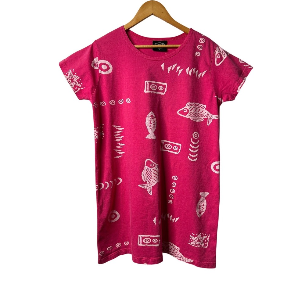 Vtg 90s Exist Fish Print Tee Dress L Pink White 100% Cotton Novelty Y2K Relaxed